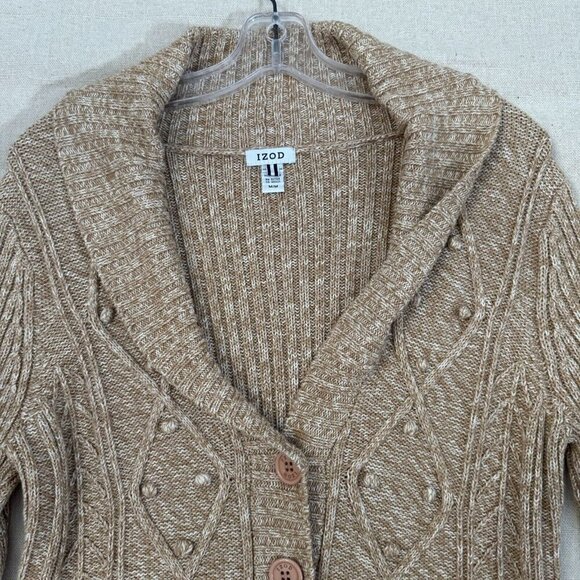 Izod Heather Tan Textured Geometric Print Knit Cardigan Sweater Shawl Collar M - Picture 3 of 13